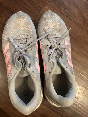 adidas Women's Gray Athletic Shoes with Pink Stripes